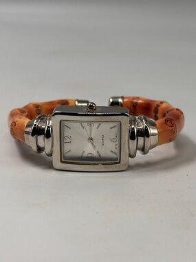 Accutime Women Watch Silver Tone Brown Bamboo Stick Cuff Band New Battery